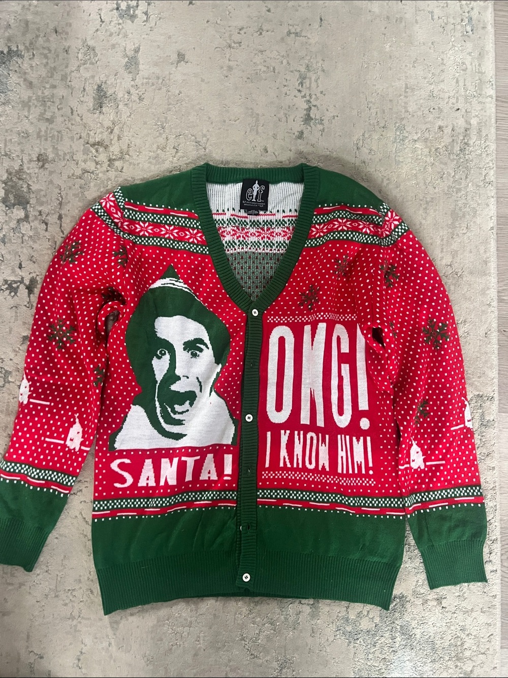 ELF 'OMG! I Know Him!' Red & Green Christmas Cardigan Sweater, Size L